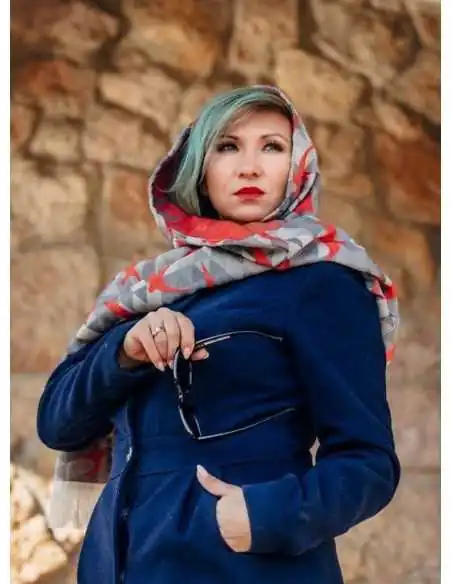 Esarfa LennyScarf, Swallows Grey & Red (42% Bumbac, 34% Lână Merino, 9% Matase, 15% Casmir)