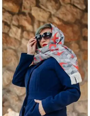 Esarfa LennyScarf, Swallows Grey & Red (42% Bumbac, 34% Lână Merino, 9% Matase, 15% Casmir)