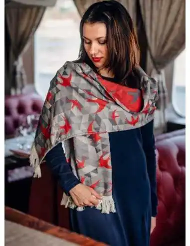 Esarfa LennyScarf, Swallows Grey & Red (42% Bumbac, 34% Lână Merino, 9% Matase, 15% Casmir)