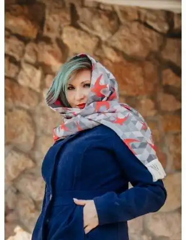 Esarfa LennyScarf, Swallows Grey & Red (42% Bumbac, 34% Lână Merino, 9% Matase, 15% Casmir)