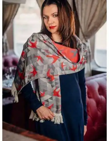Esarfa LennyScarf, Swallows Grey & Red (42% Bumbac, 34% Lână Merino, 9% Matase, 15% Casmir)